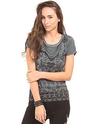 EdHardy Women Mesh Panel Printed Top EdHardy Women Mesh Panel Printed Top