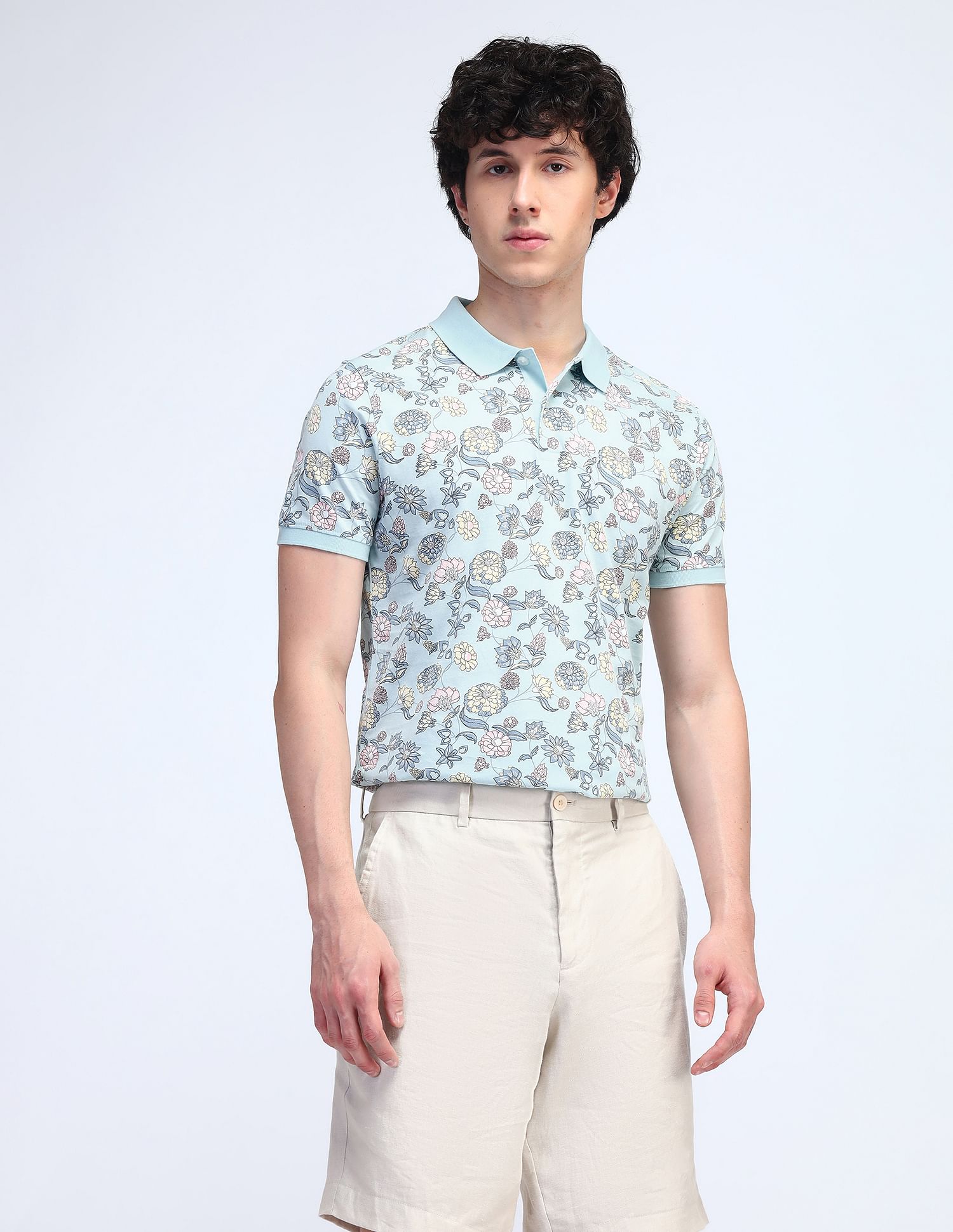 Flying Machine Floral Printed Cotton Polo Shirt