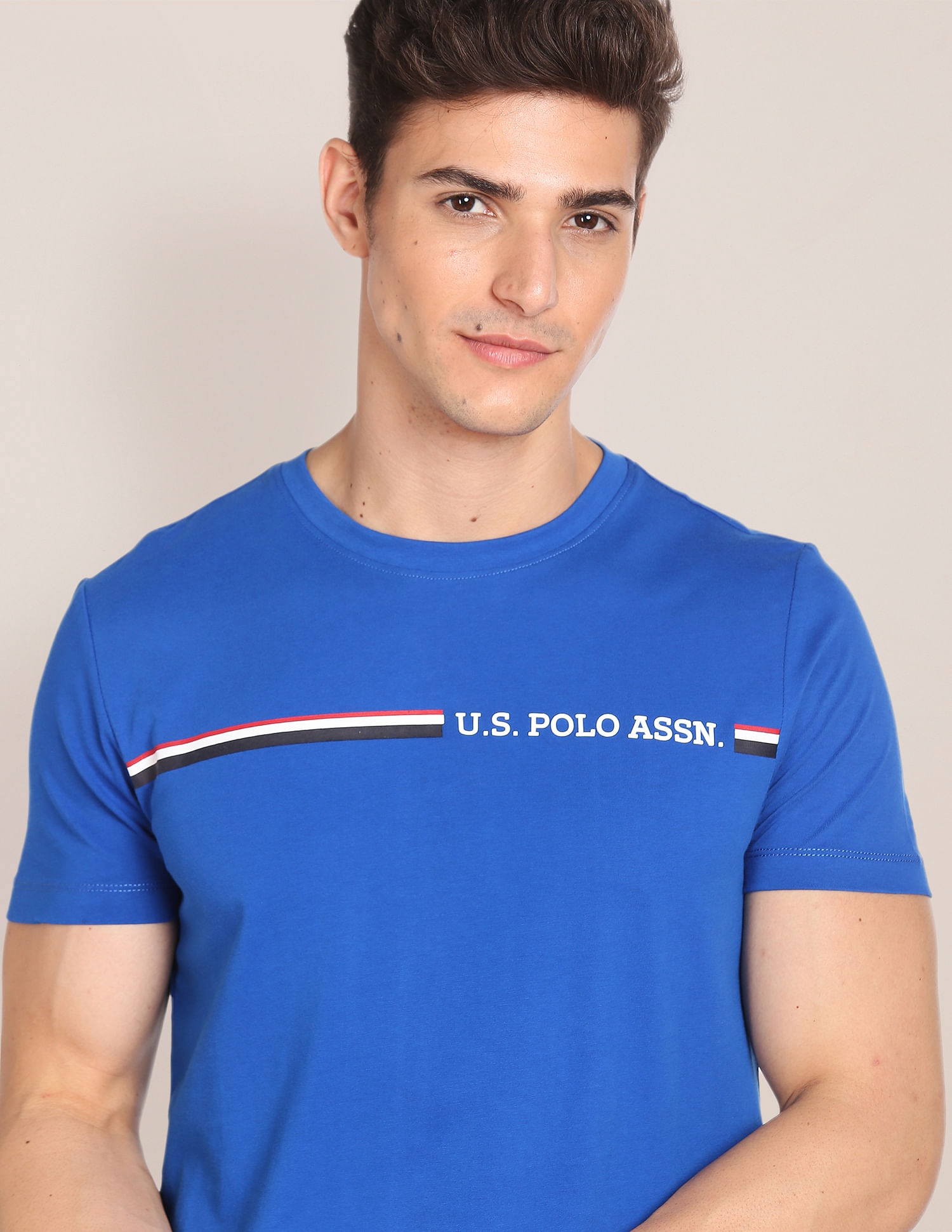 Buy U.S. POLO ASSN. Blue Printed Cotton Stretch Slim Fit Mens T-Shirt