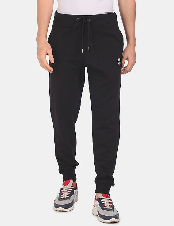 Aeropostale Men Black Drawstring Waist Solid Cotton Joggers