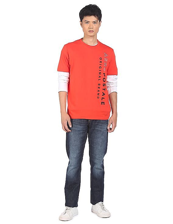 Aeropostale Men Orange Crew Neck Cotton Brand Print T-Shirt