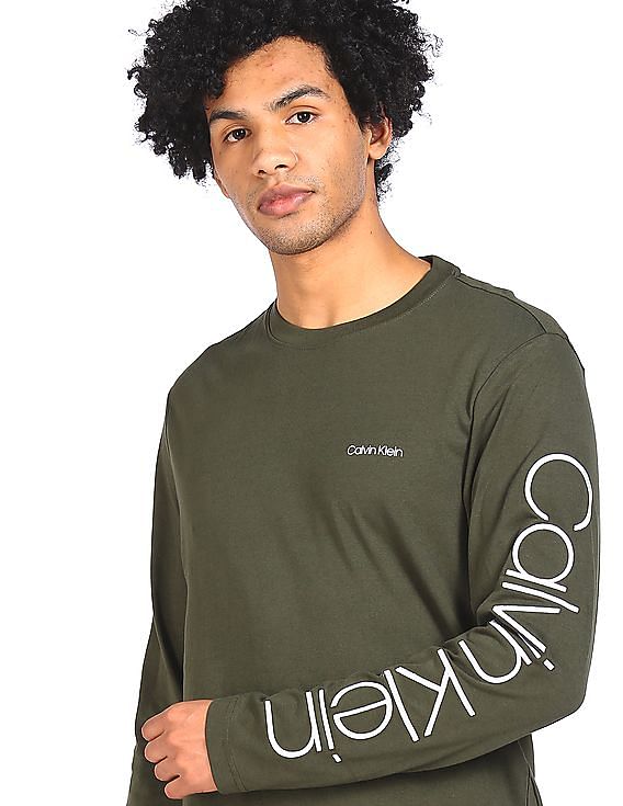 Buy Calvin Klein Men Olive Long Sleeve Logo T-Shirt 