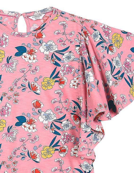 U.S. Polo Assn. Kids Girls Pink Butterfly Sleeve Printed Top