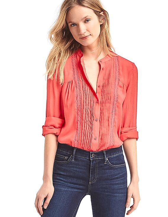 Buy GAP Women Red Lace Panel Pintuck Dobby Blouse NNNOW