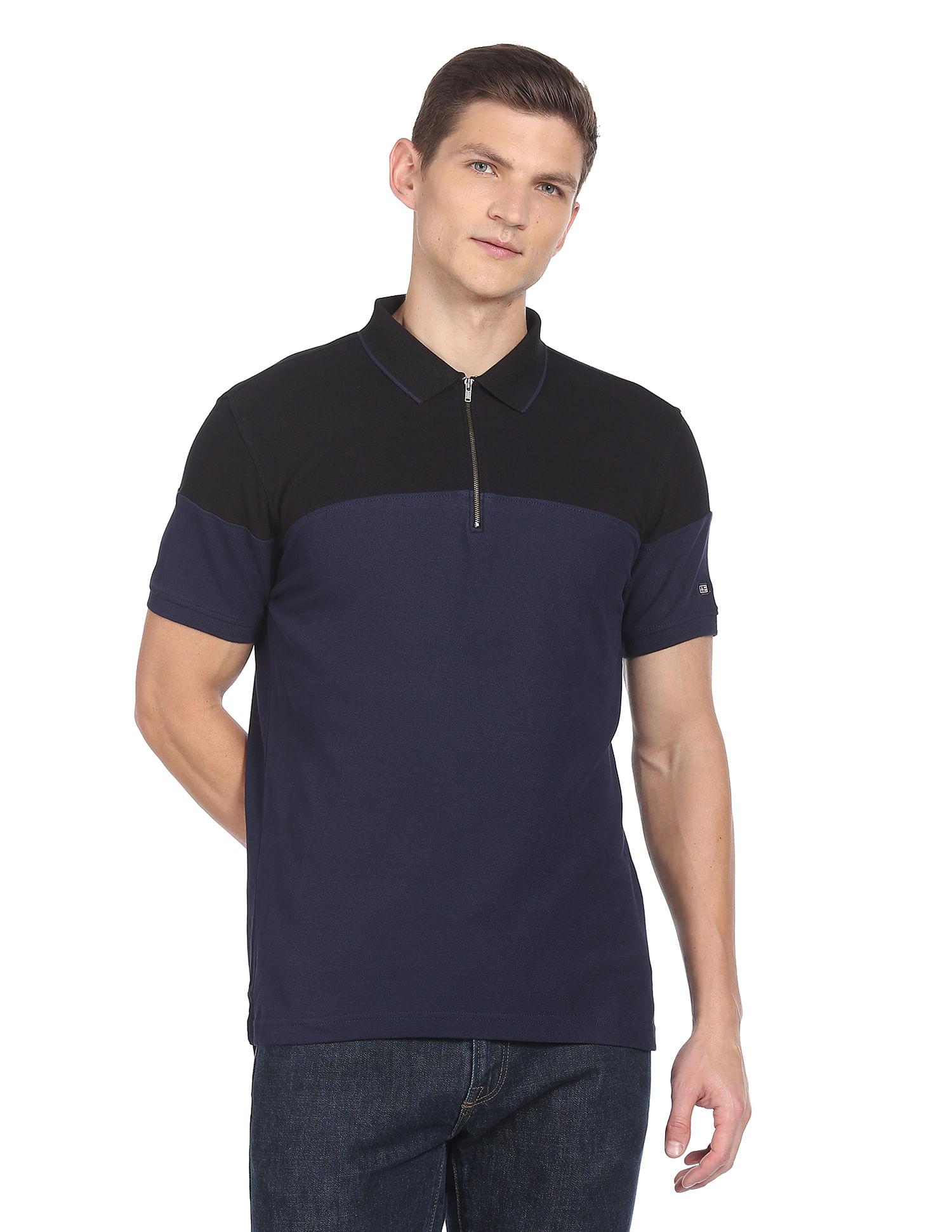 Arrow Sports Zip Placket Colour Block Pique Polo Shirt