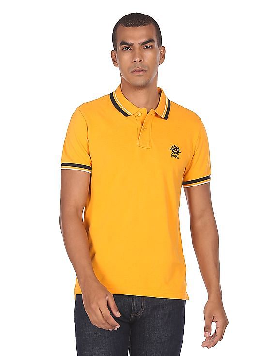 U.S. Polo Assn. Men Mustard Striped Collar Solid Pique Polo Shirt