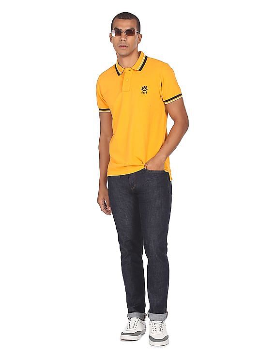 U.S. Polo Assn. Men Mustard Striped Collar Solid Pique Polo Shirt
