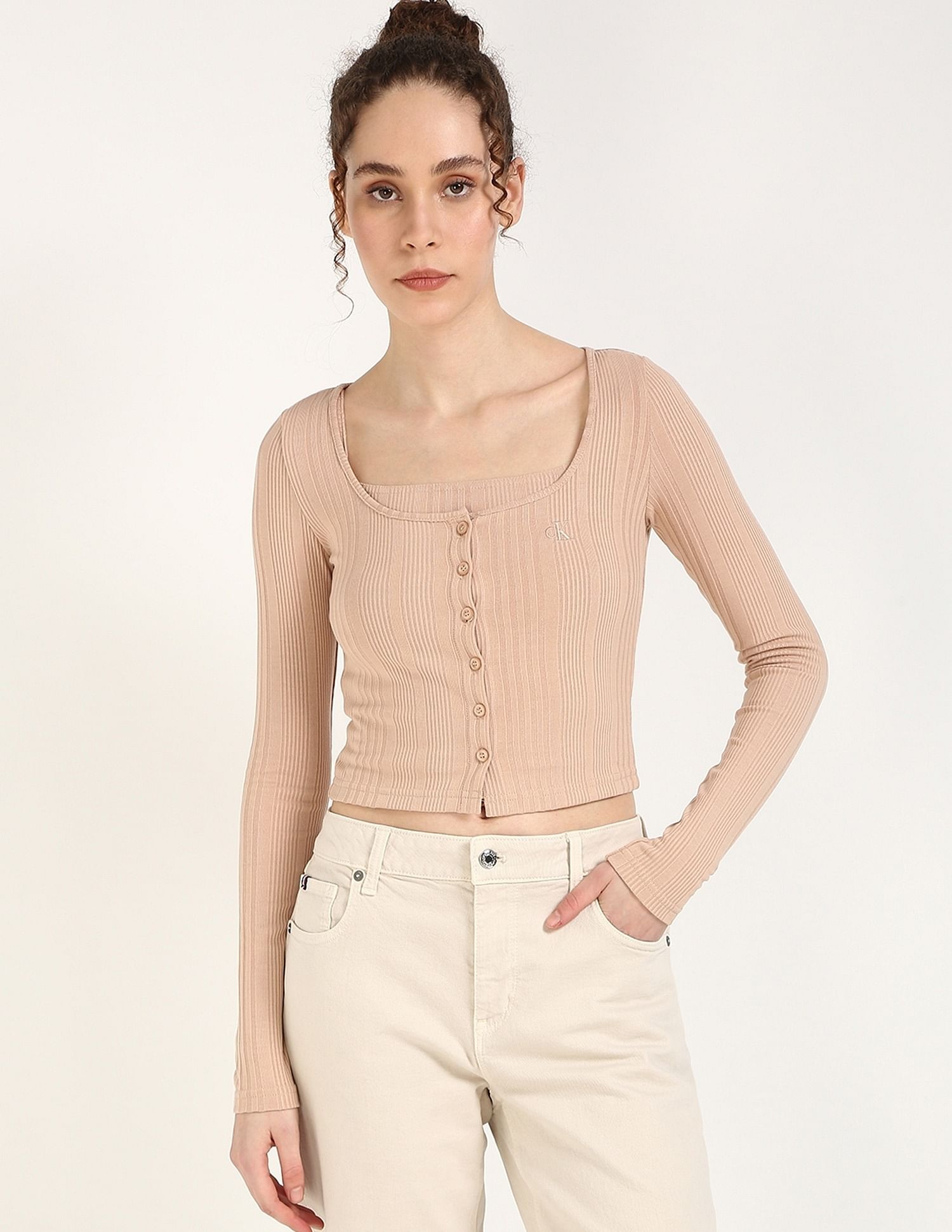 Calvin Klein Jeans Regular-Fit Polyester Scoop Neck Crop Top