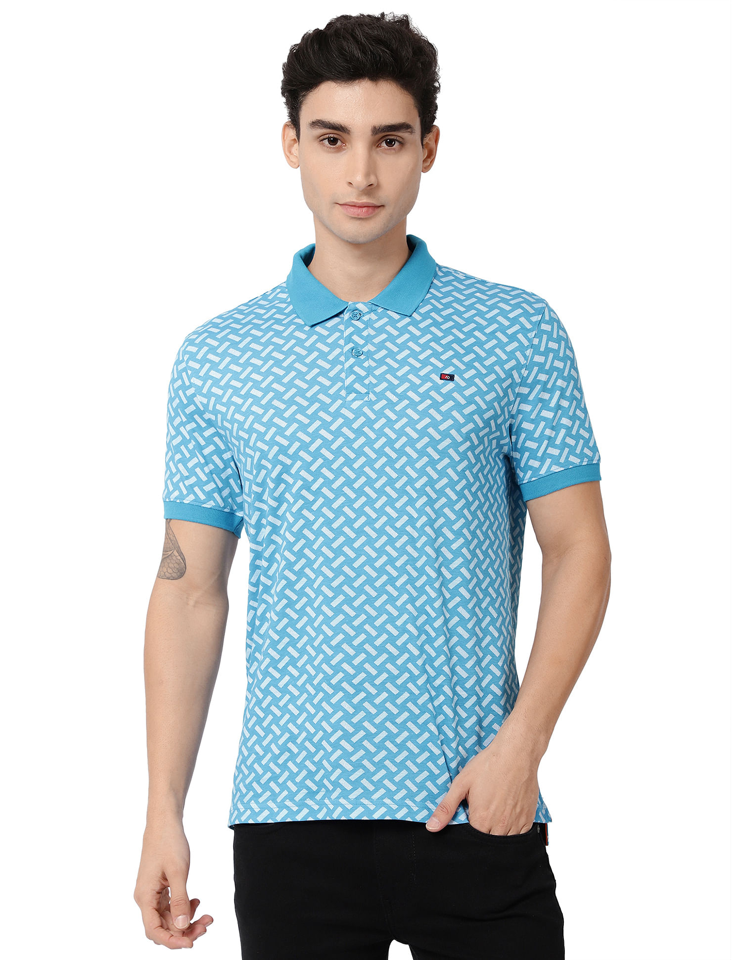 AD by Arvind Geometric Print Cotton Polo Shirt