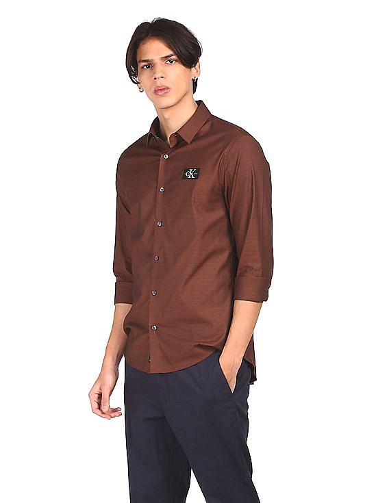 Calvin Klein Men Brown French Placket Textured Casual Shirt