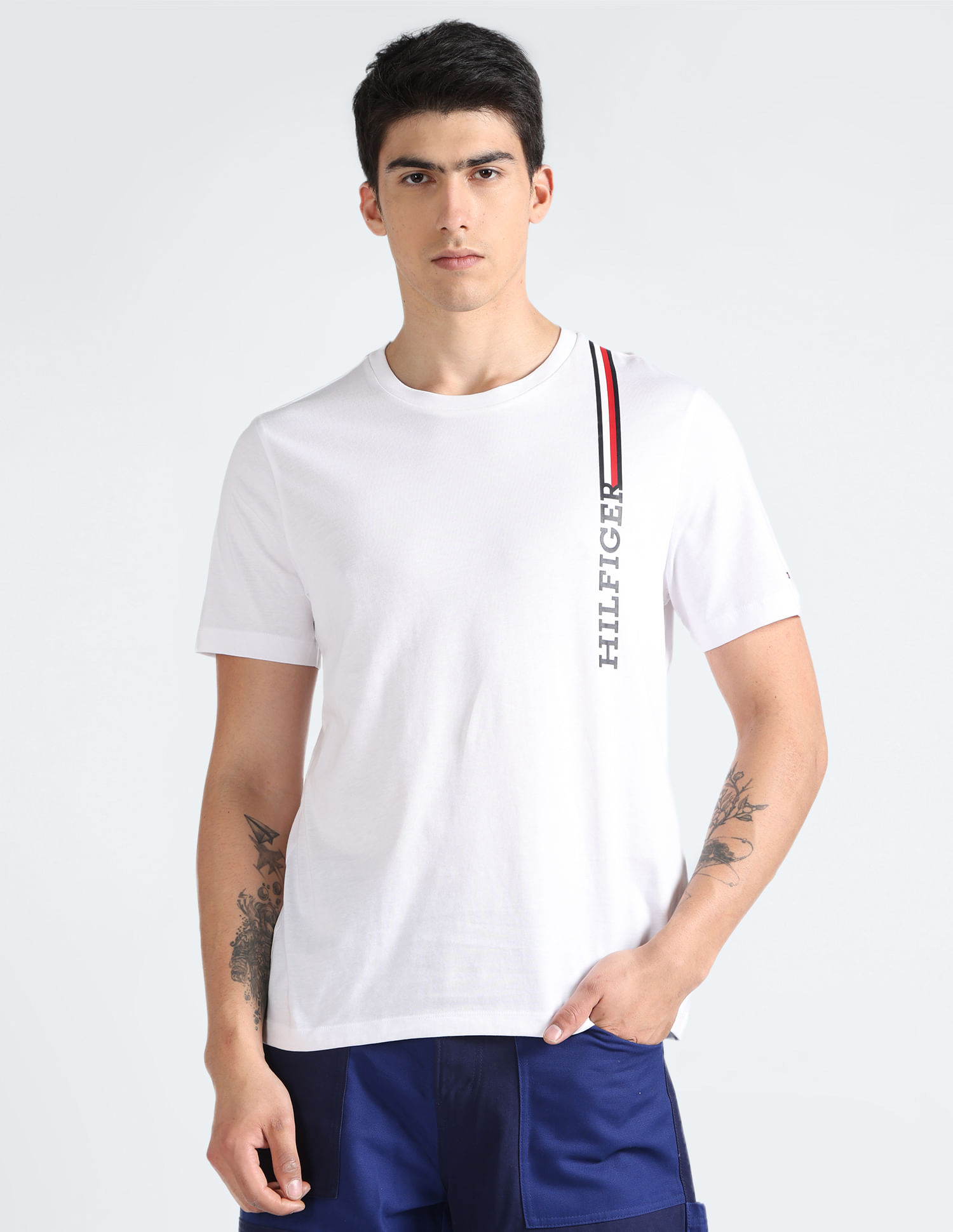 Tommy Hilfiger Logo Vertical Stripe Cotton T-Shirt