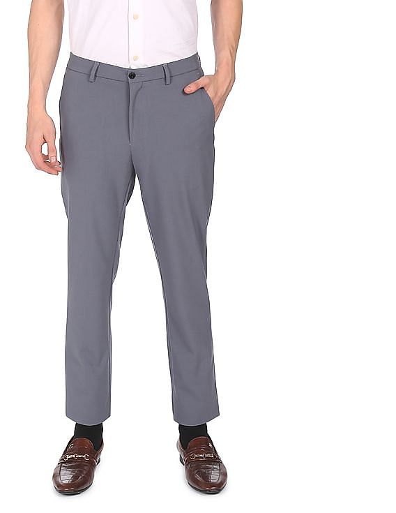 Buy Arrow New York Men Charcoal Super Slim Fit Self Design Formal Trousers  - Trousers for Men 2079098 | Myntra