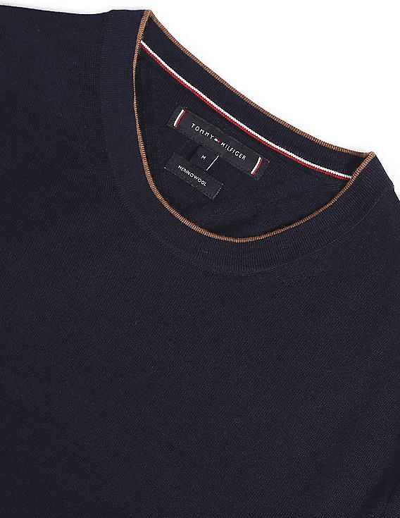 Buy Tommy Hilfiger Men Navy Tipped Crew Neck Fine Gauge Merino