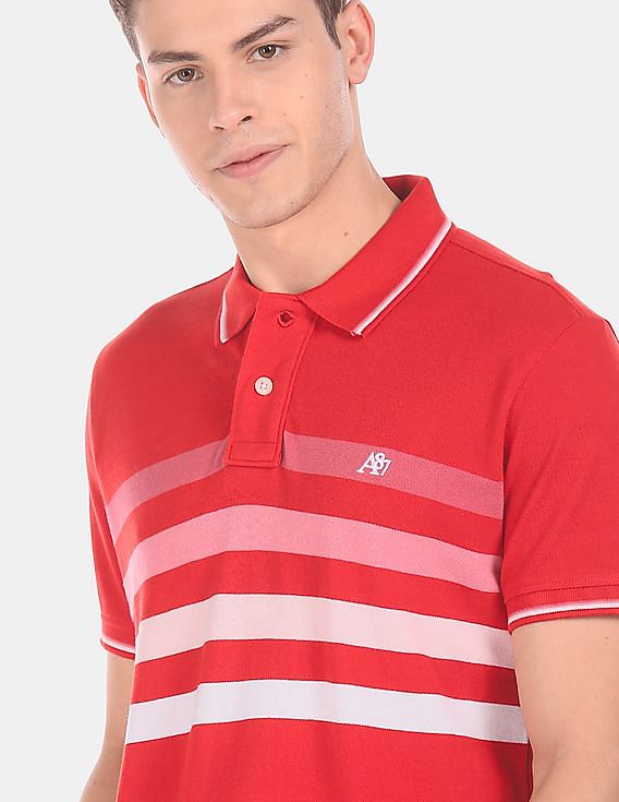 Aeropostale Men Red Short Sleeve Striped Pique Polo Shirt