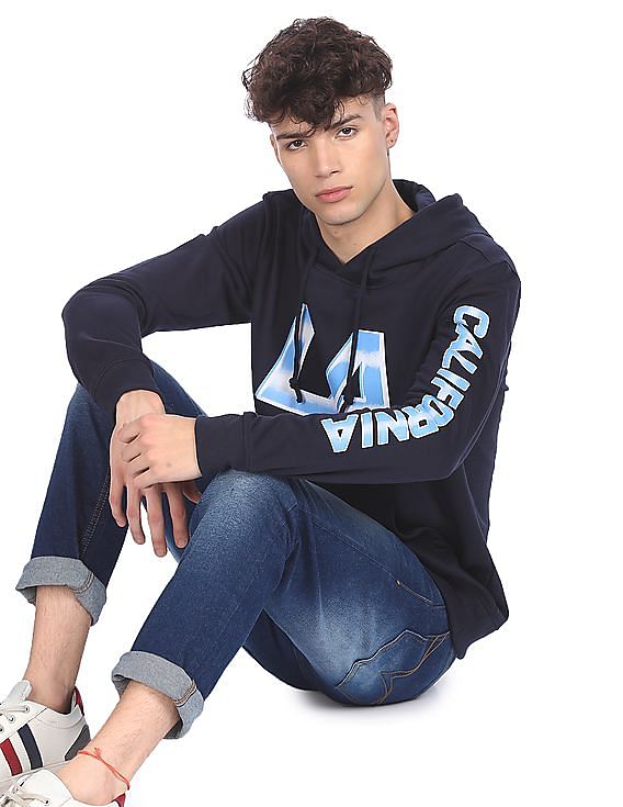 Aeropostale Men Navy Long Sleeve Printed Hood Sweatshirt