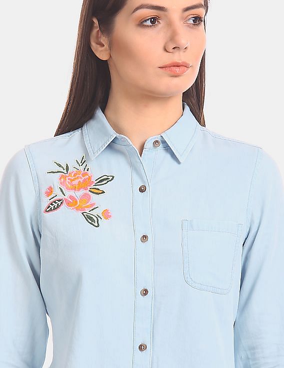 U.S. Polo Assn. Women Roll Up Sleeve Spread Collar Embroidered Shirt
