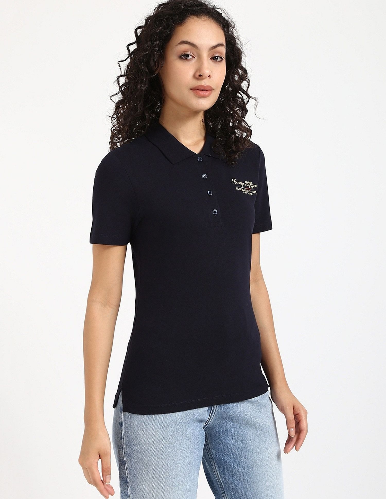 Tommy Hilfiger Womens Blue Solid Polo Shirt