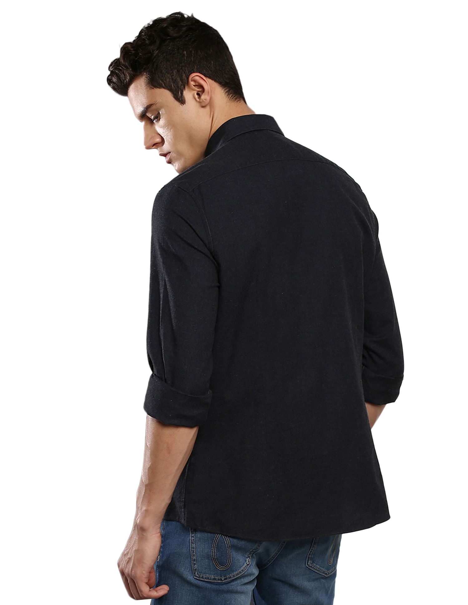 Calvin Klein Men Dark Grey Slim Fit Heathered Cotton Casual Shirt