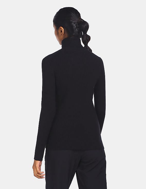 Calvin Klein Women Black Striped High Neck Sweater