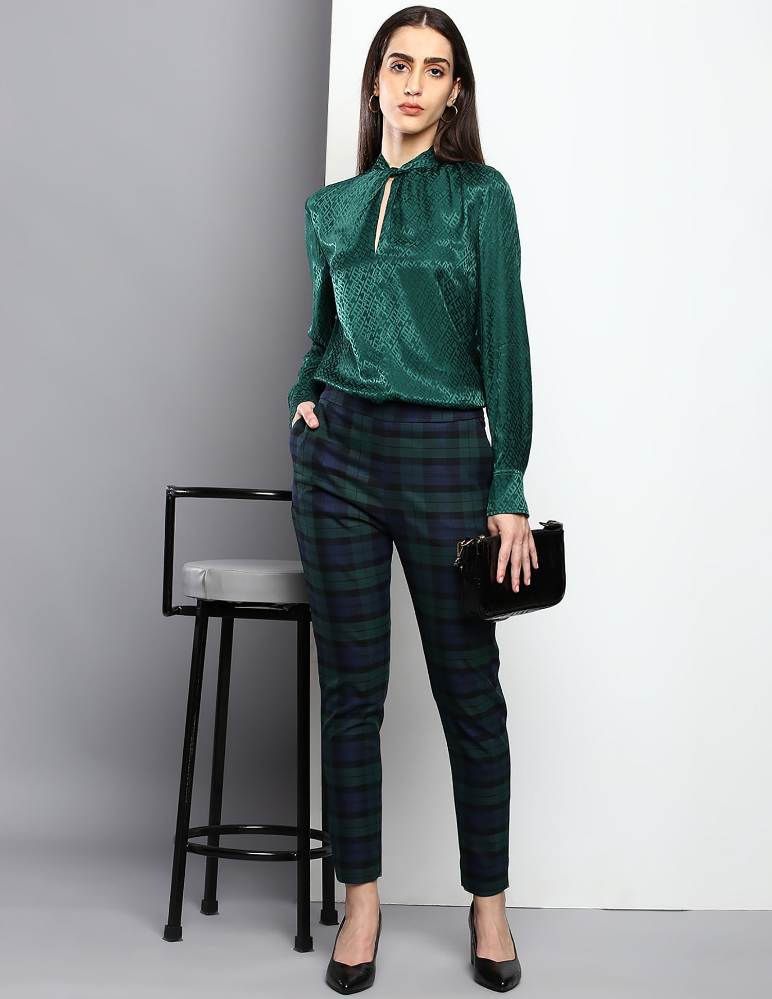 Zara High Waist Belted Plaid Check Trousers