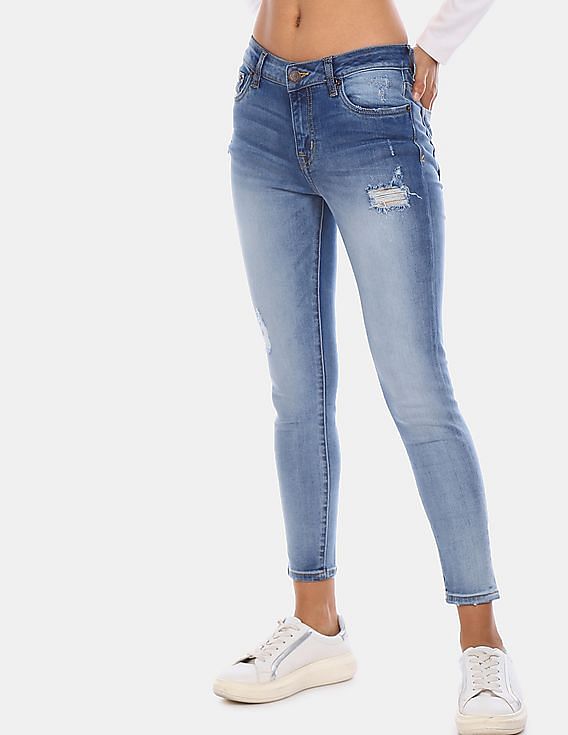 Aeropostale Women Blue Mid Rise Medium Washed Distressed Jeans