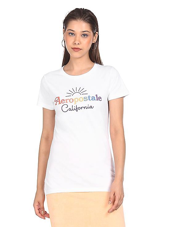 Aeropostale Women White Rainbow Brand Print Cotton T-Shirt