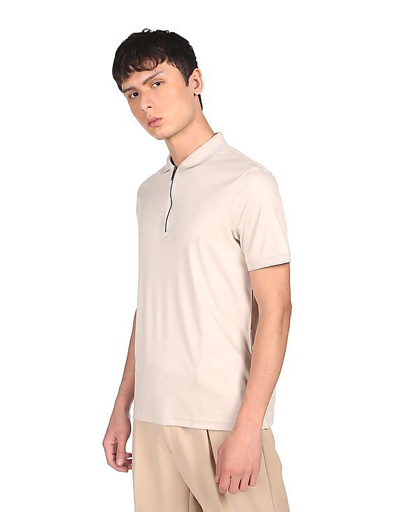 Calvin Klein Men Beige Half Zipper Smooth Cotton Polo Shirt