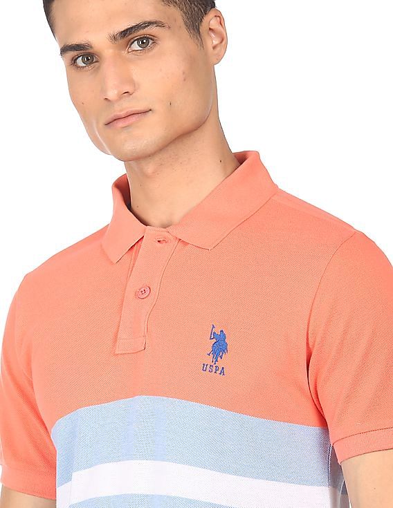 Buy . Polo Assn. Men Peach And Blue Pique Striped Polo Shirt 