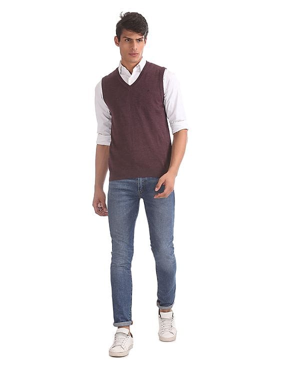 Men Purple V-Neck Sleeveless Sweater 