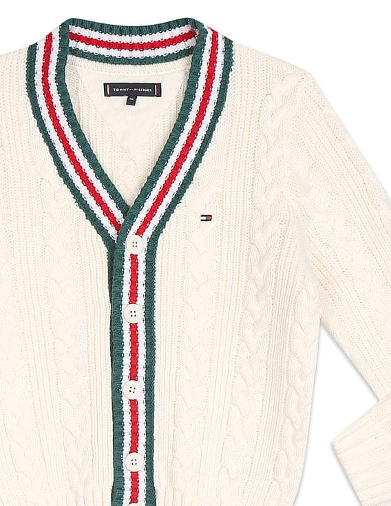 Buy Tommy Hilfiger Kids Boys Off White V-Neck Cable Knit Cardigan