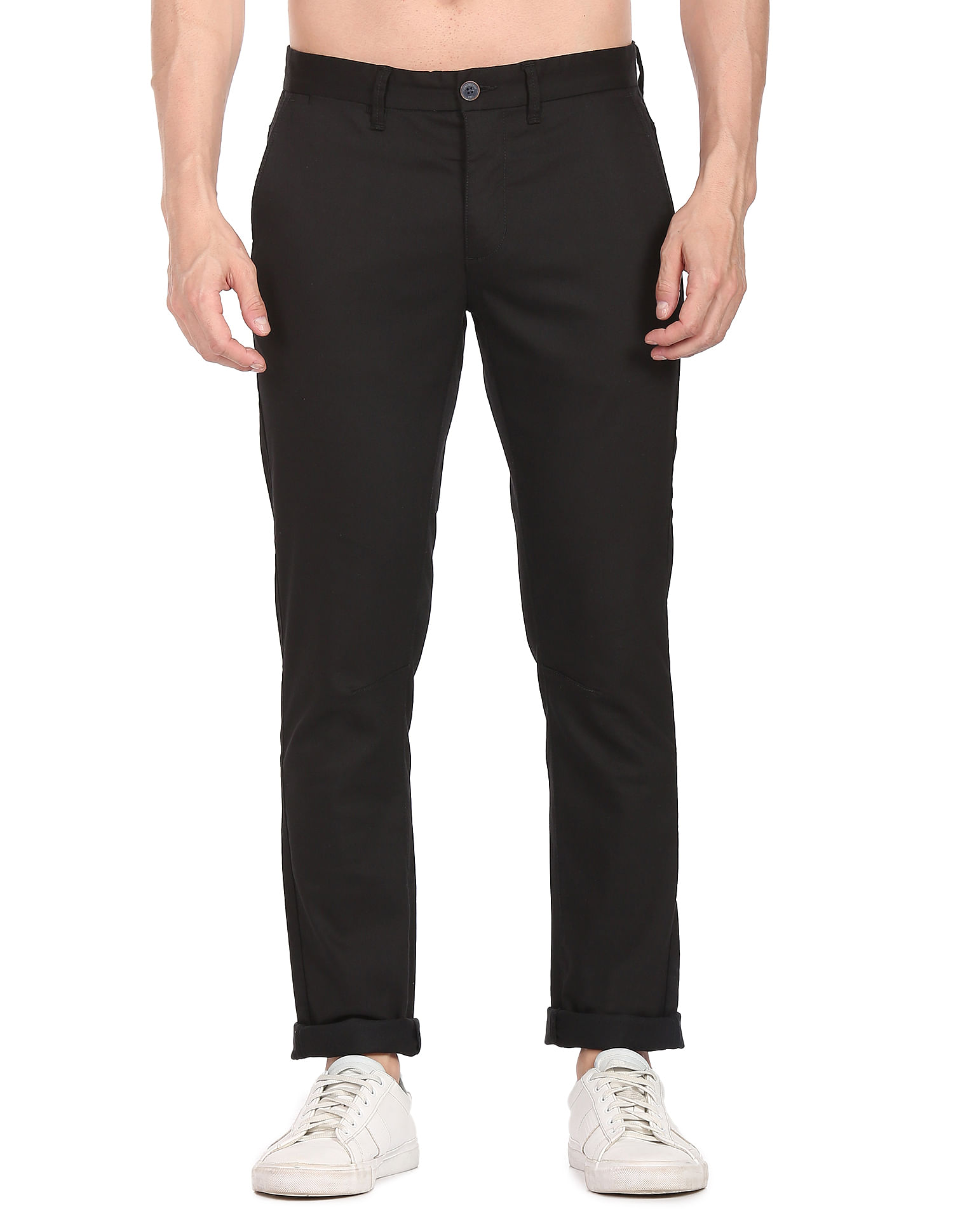 Flying Machine Mid Rise Solid Twill Weave Casual Trousers
