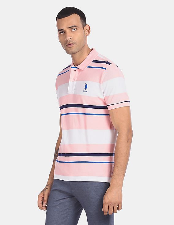 Buy U.S. Polo Assn. Men Pink Stripe Cotton Pique Polo Shirt NNNOW