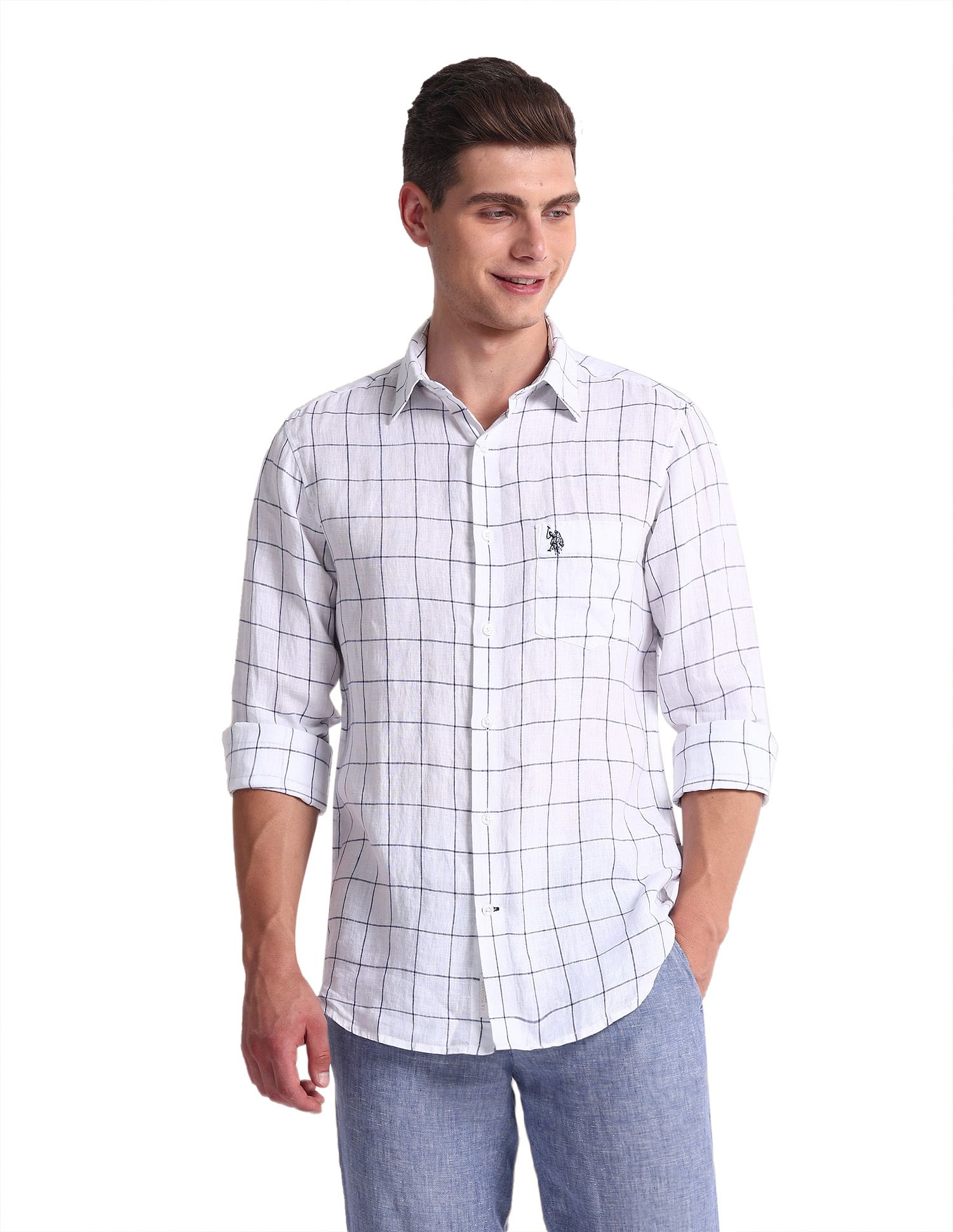 U.S. Polo Assn. Windowpane Check Tailored Fit Linen Shirt
