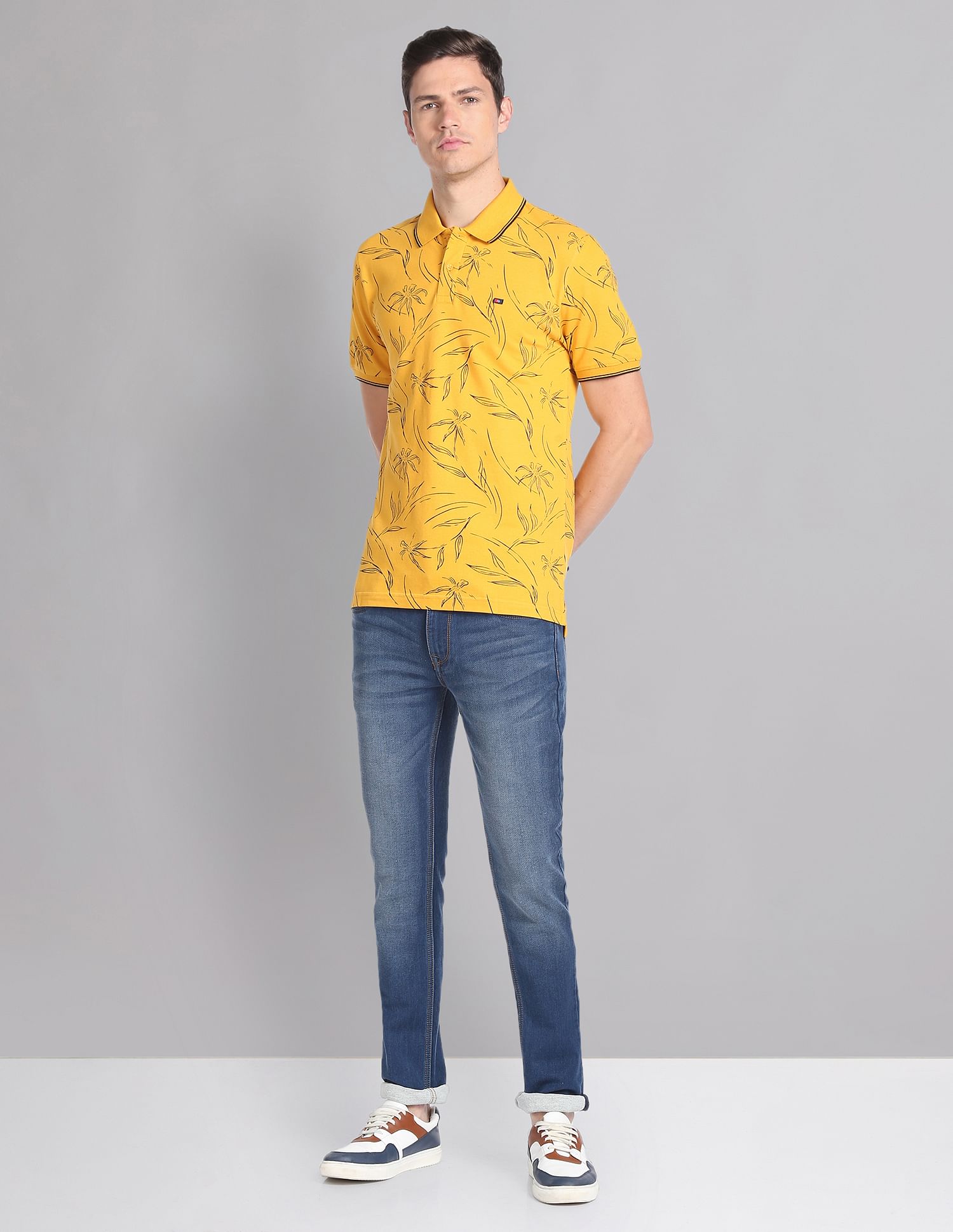 AD by Arvind Floral Print Cotton Polo Shirt