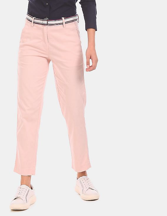 Buy Women Hot Pink Poly Silk Fitted Pants - Exclusive Deals - Indya