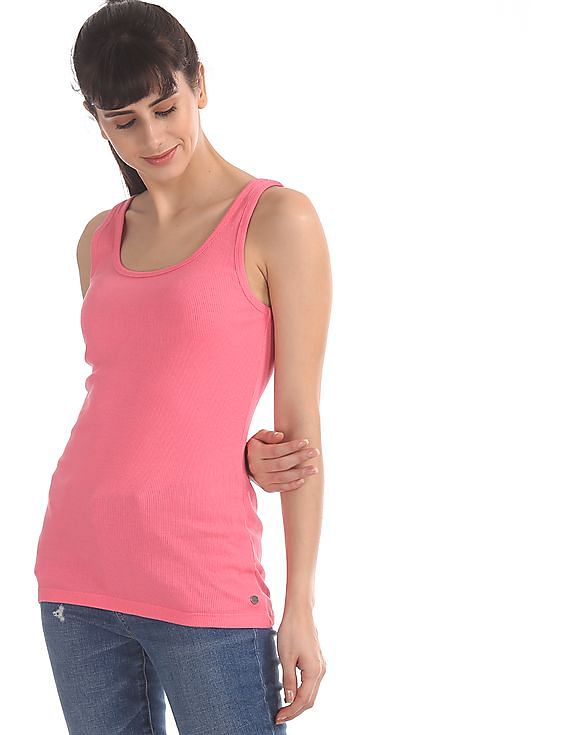 U.S. Polo Assn. Women Pink Ribbed Tank Top
