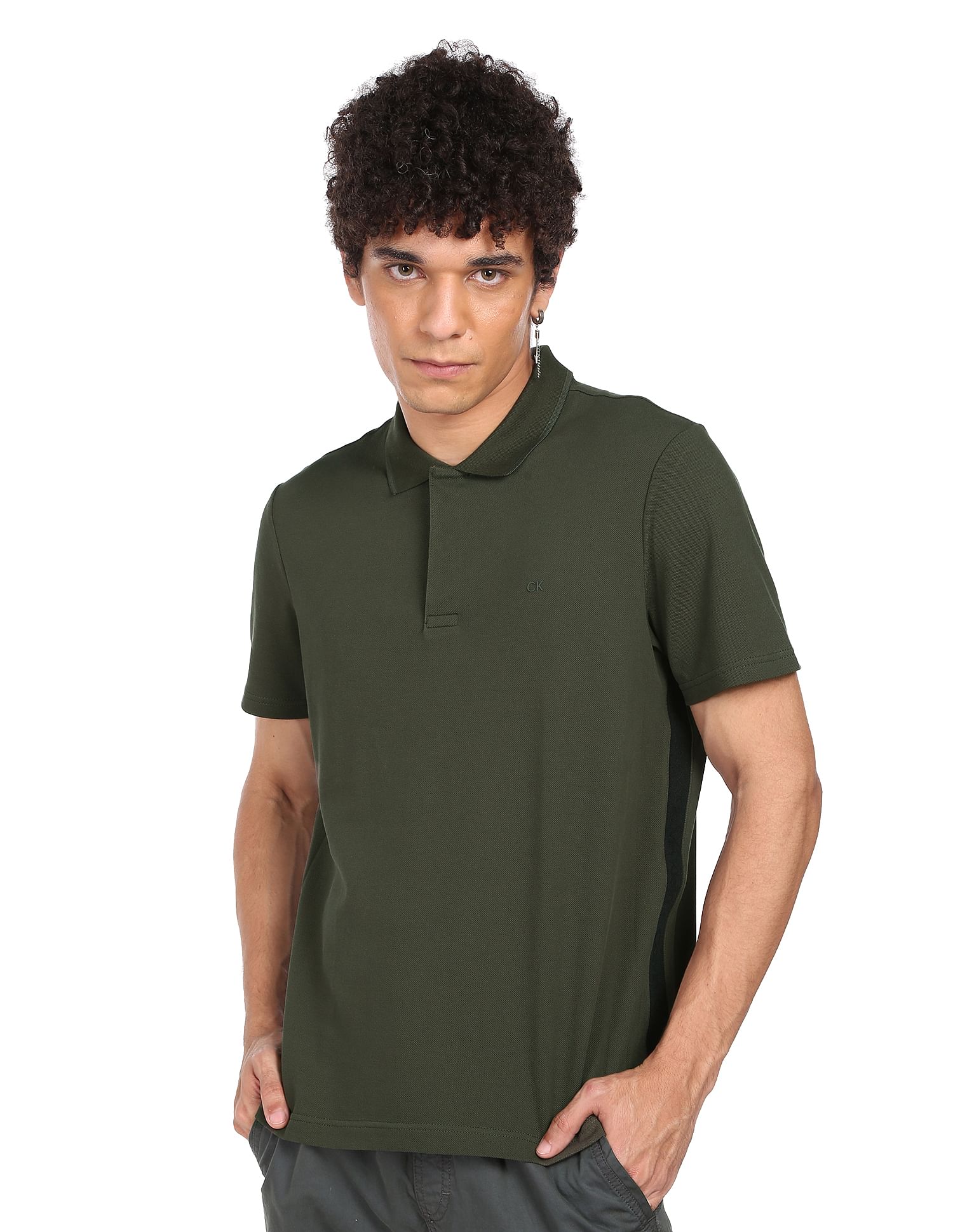 Calvin Klein Men Olive Elevated Logo Tape Solid Pique Polo Shirt