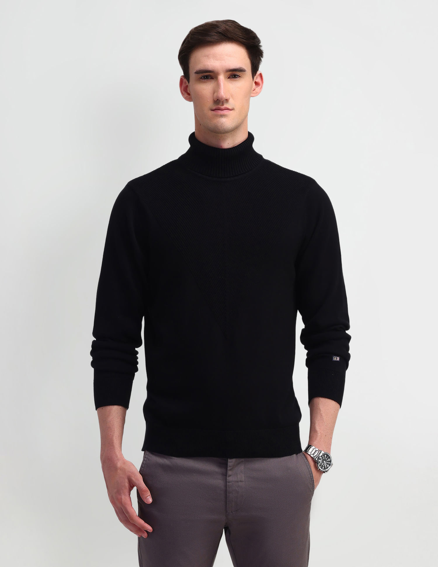 Mens Sweater Textured Turtleneck Sweater Black Textured Winterwear