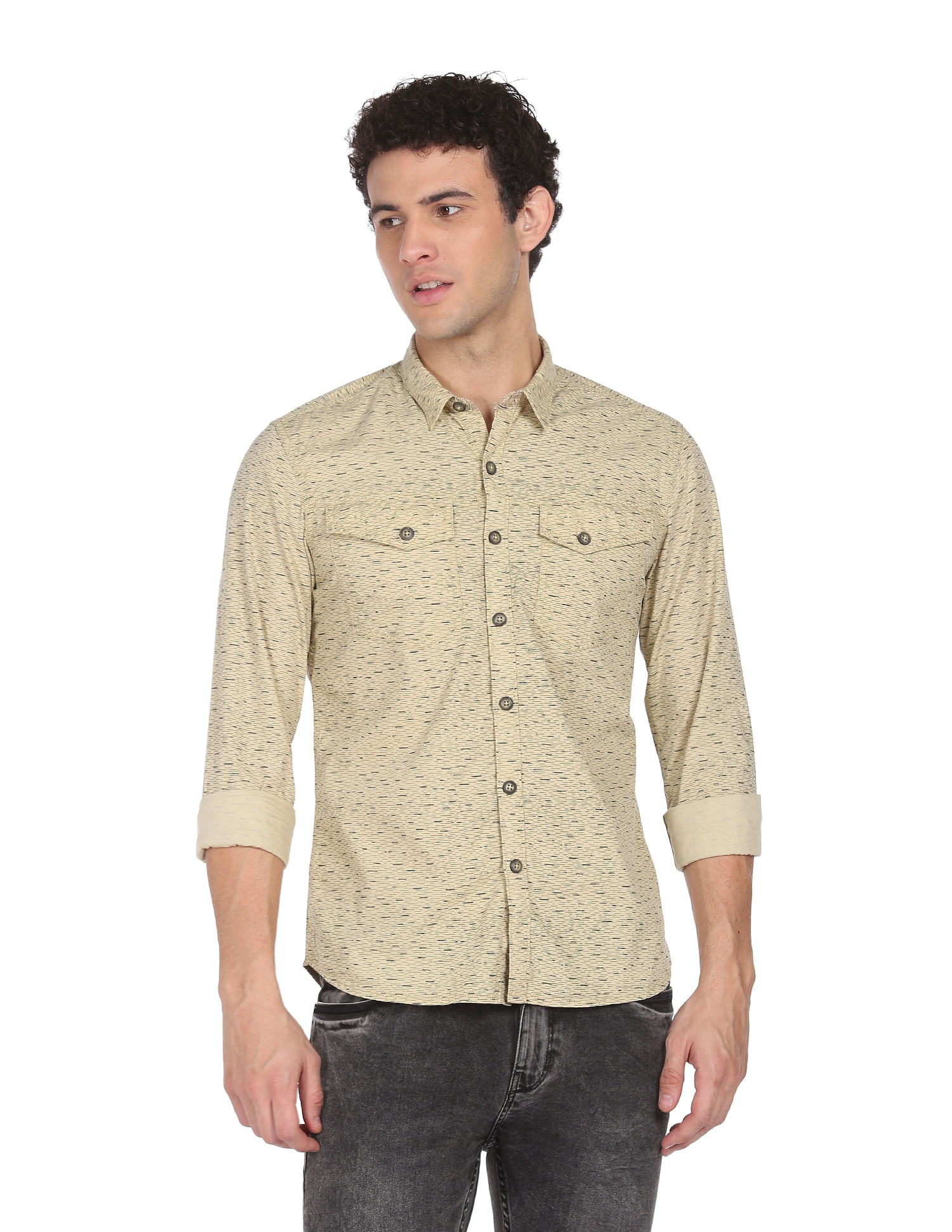 Flying Machine Double Patch Pocket Abstract Print Shirt