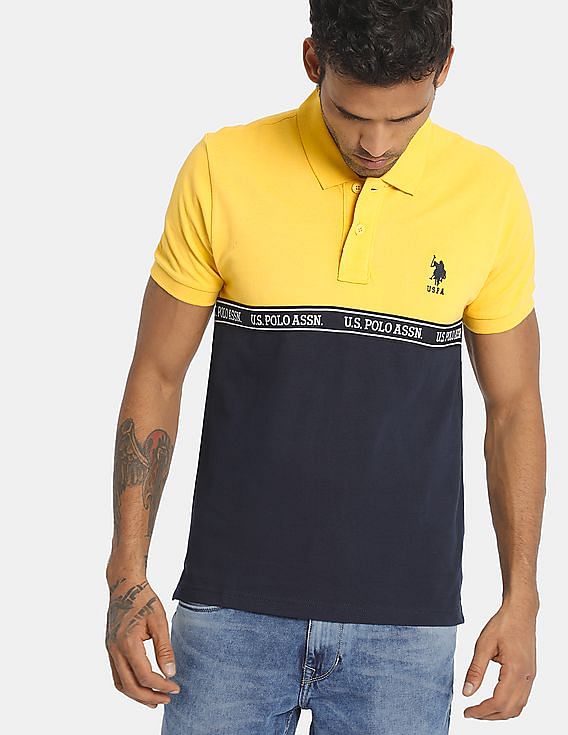 U.S. Polo Assn. Men Yellow And Navy Colour Block Pique Polo Shirt