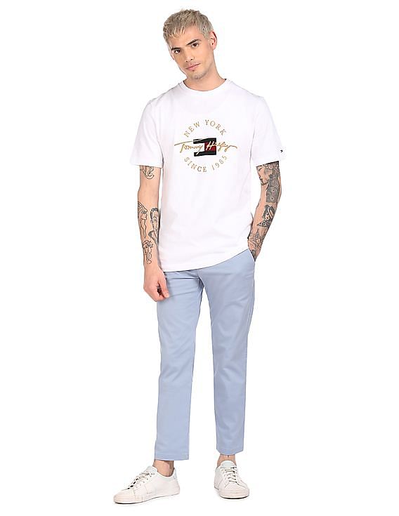 Tommy Hilfiger Men Blue Denton Regular Fit Solid Casual Trousers