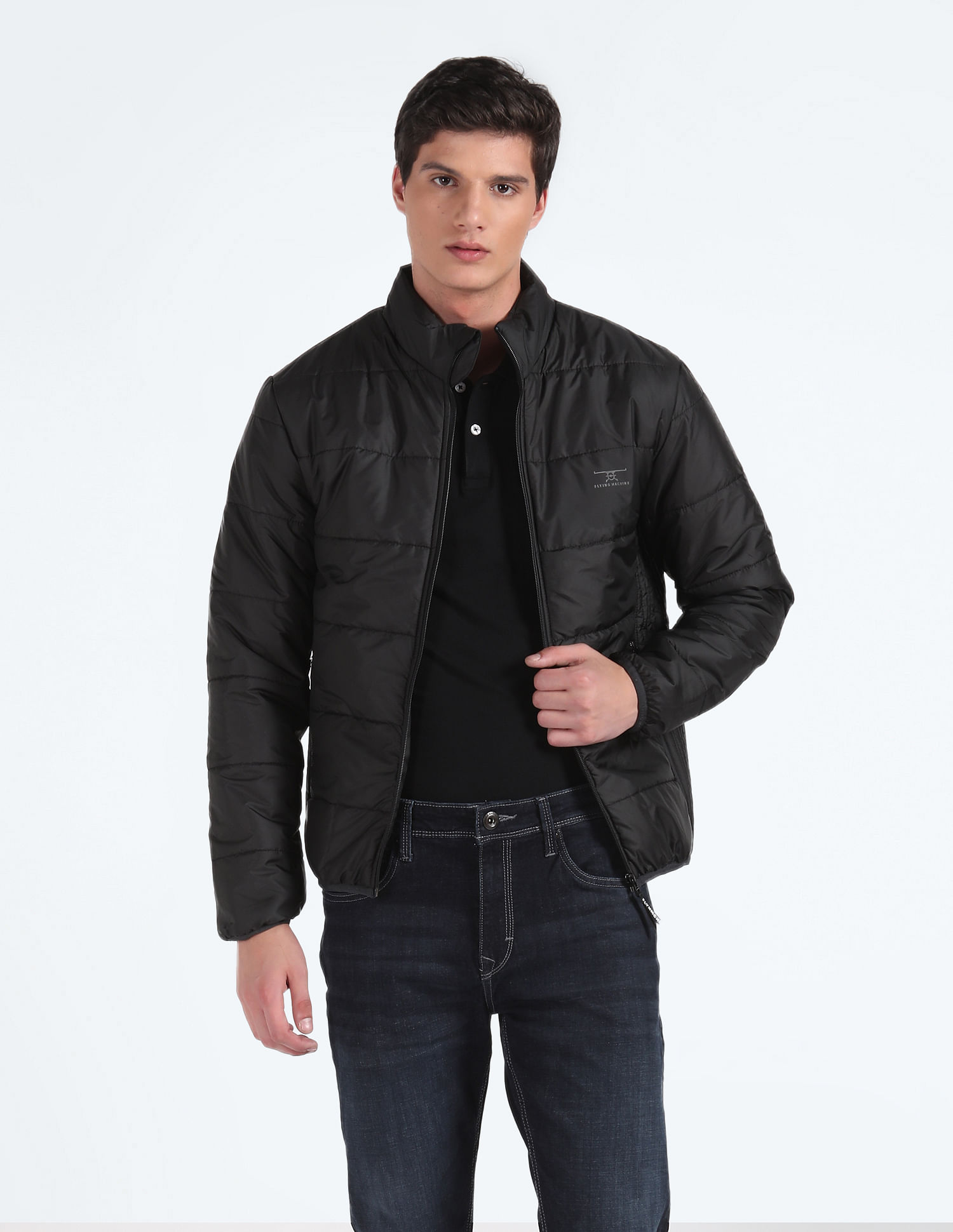 Flying Machine Stand Collar Solid Quilted Jacket