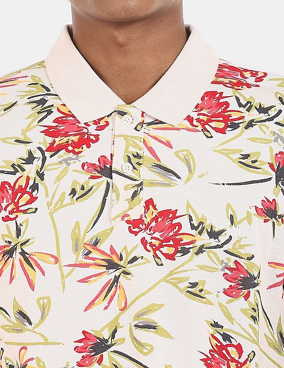 Aeropostale Men Off White Floral Printed Cotton Polo Shirt