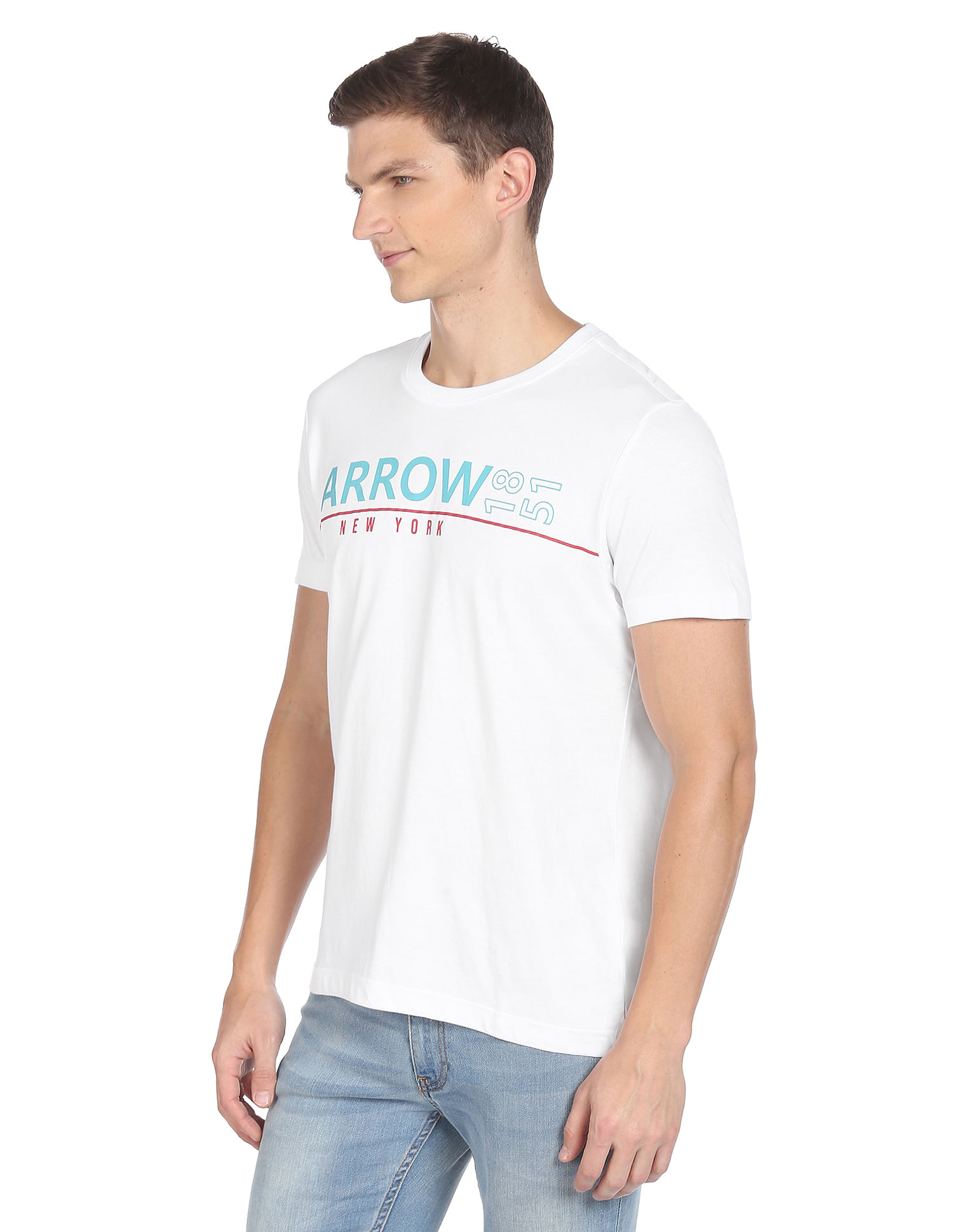 Buy Arrow Sports Men White Pure Cotton Brand Print T-Shirt