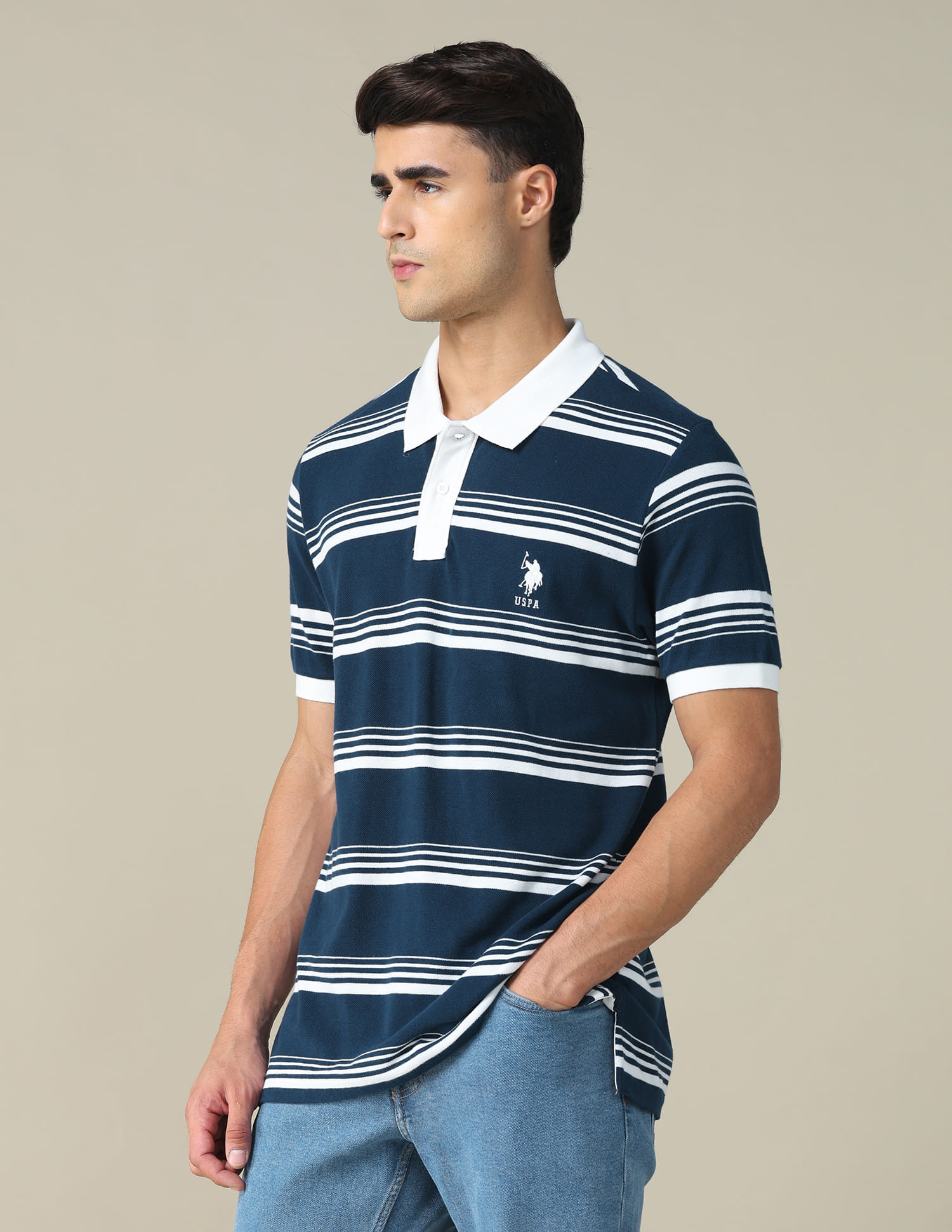 トップス HORIZONTAL STRIPES POLO L/S SHIRT Larsson & Co Men's Knitted Polo Shirt With Horizontal Stripe