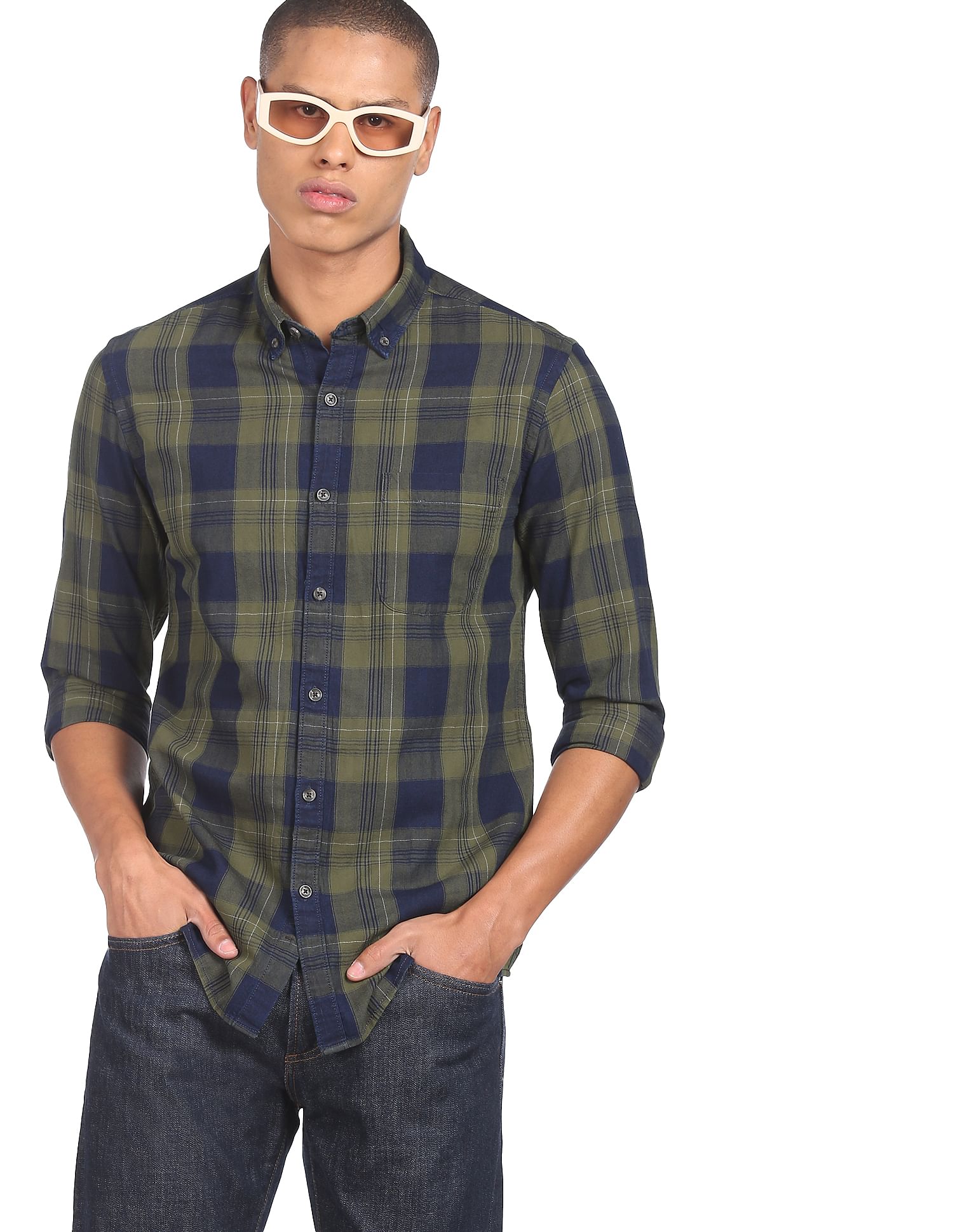 Flying Machine Button-Down Collar Plaid Check Shirt