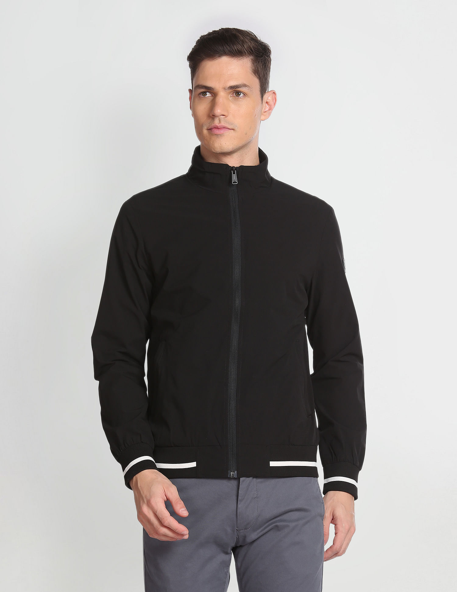 Buy Arrow Sports Solid Ribbed Hem Bomber Jacket 