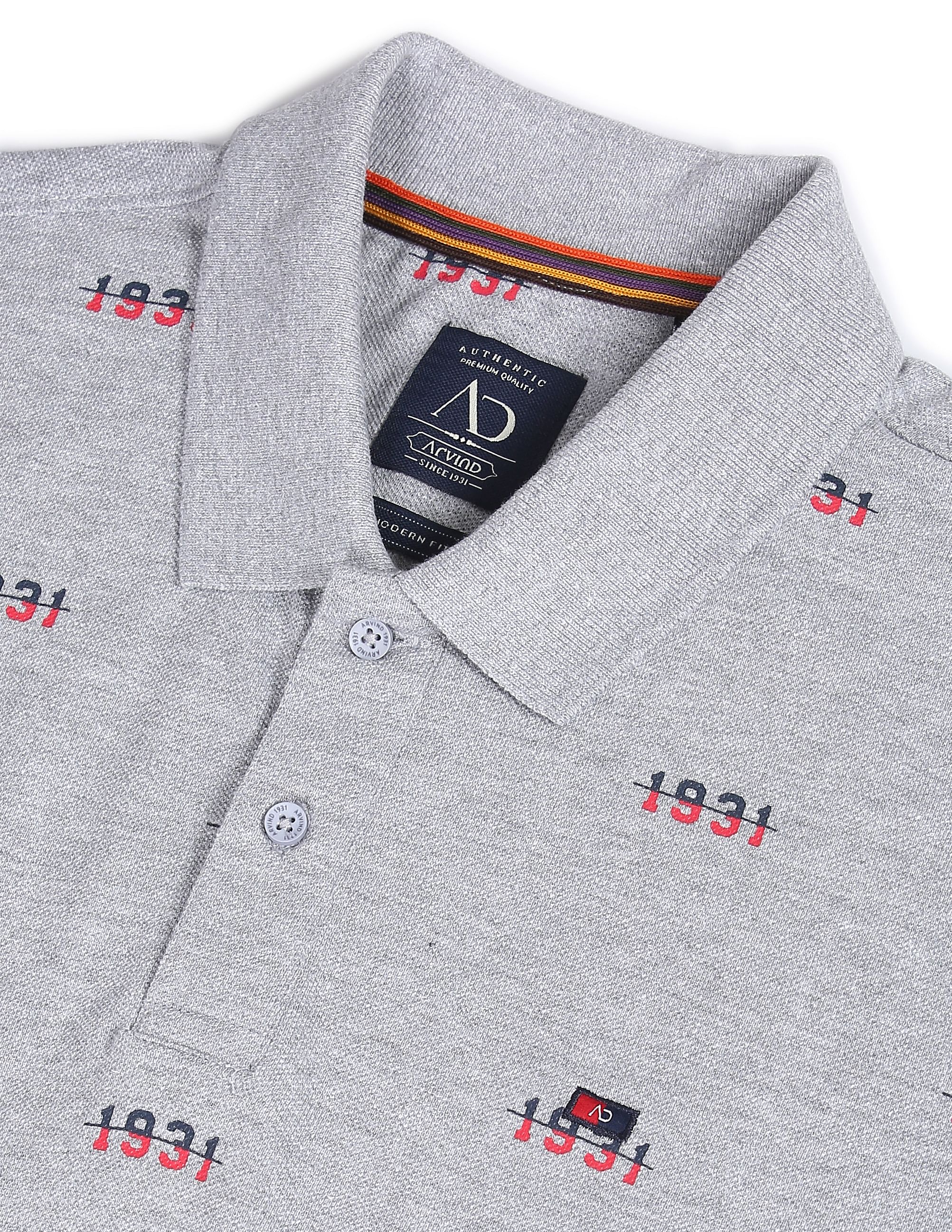 AD by Arvind Heathered Typography Print Cotton Polo Shirt