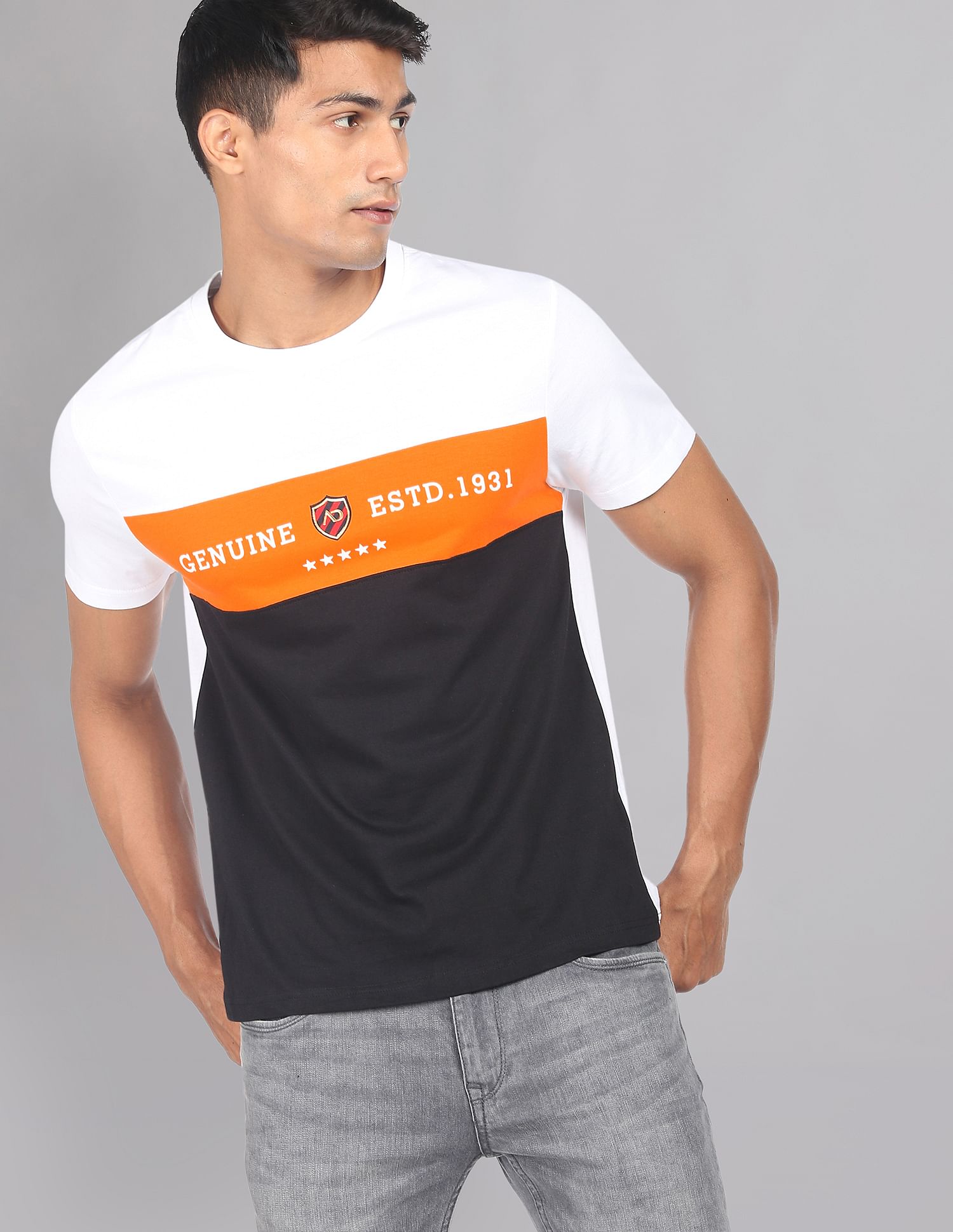 AD by Arvind Colour Block Cotton T-Shirt