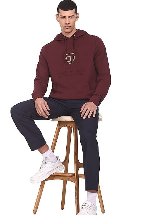 Tommy Hilfiger Men Maroon Tonal Embroidered Crest Sweatshirt